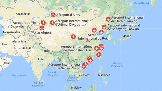 Аэропорты Китая на карте