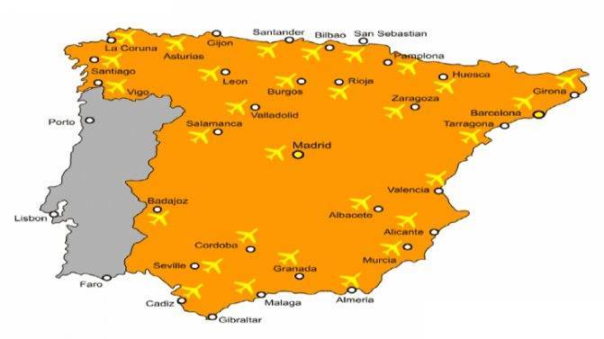 Аэропорты испании на карте, список аэропортов испании