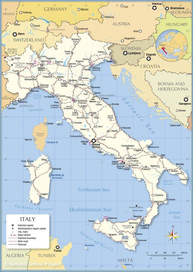 Международные аэропорты Италии на карте